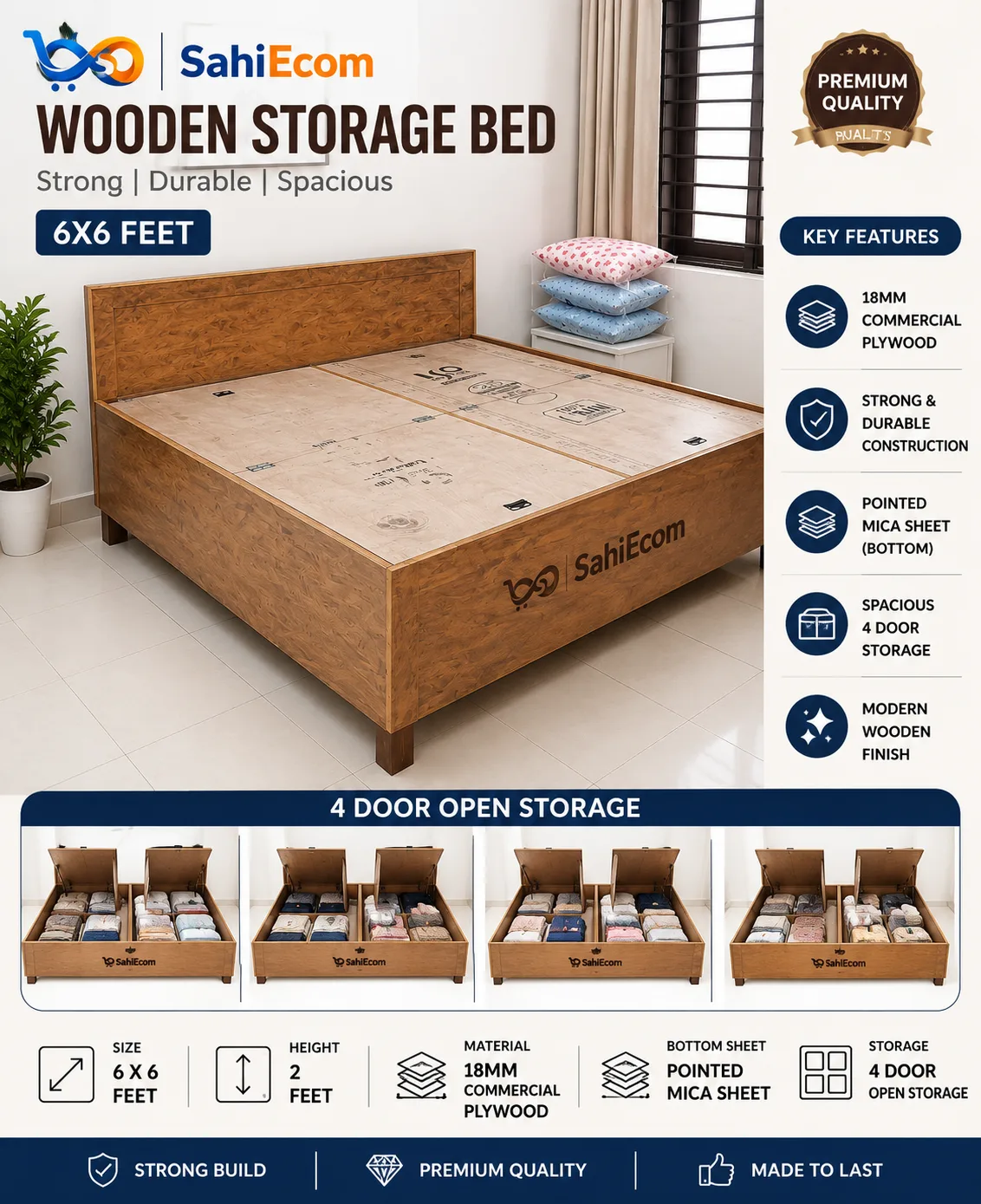 SahiEcom 6x6 Wooden Storage Bed | 18mm Commercial Plywood | 4 Door Storage | Natural Wood Finish